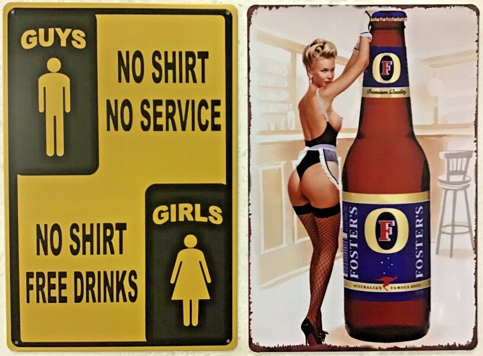 8x12 Tin Sign 2 pc SET Funny free drinks bar man cave beer Fosters sexy blonde 