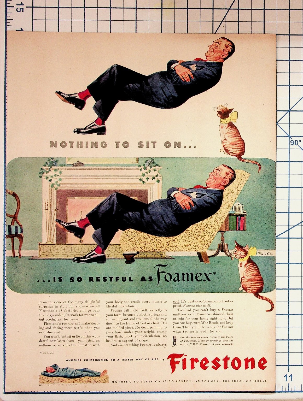 1946 Firestone Foamex Vintage Ad Man Floating Cat Mid-Century Modern Art