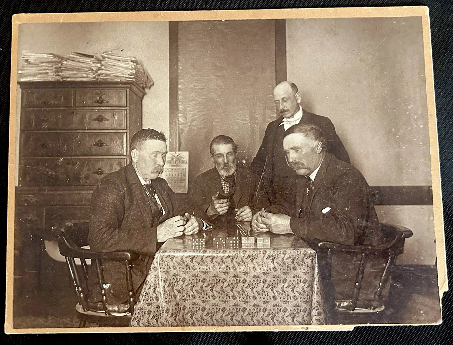 Antique c1900 Trick Photo Same Man Twice Playing Dominoes Double Exposure