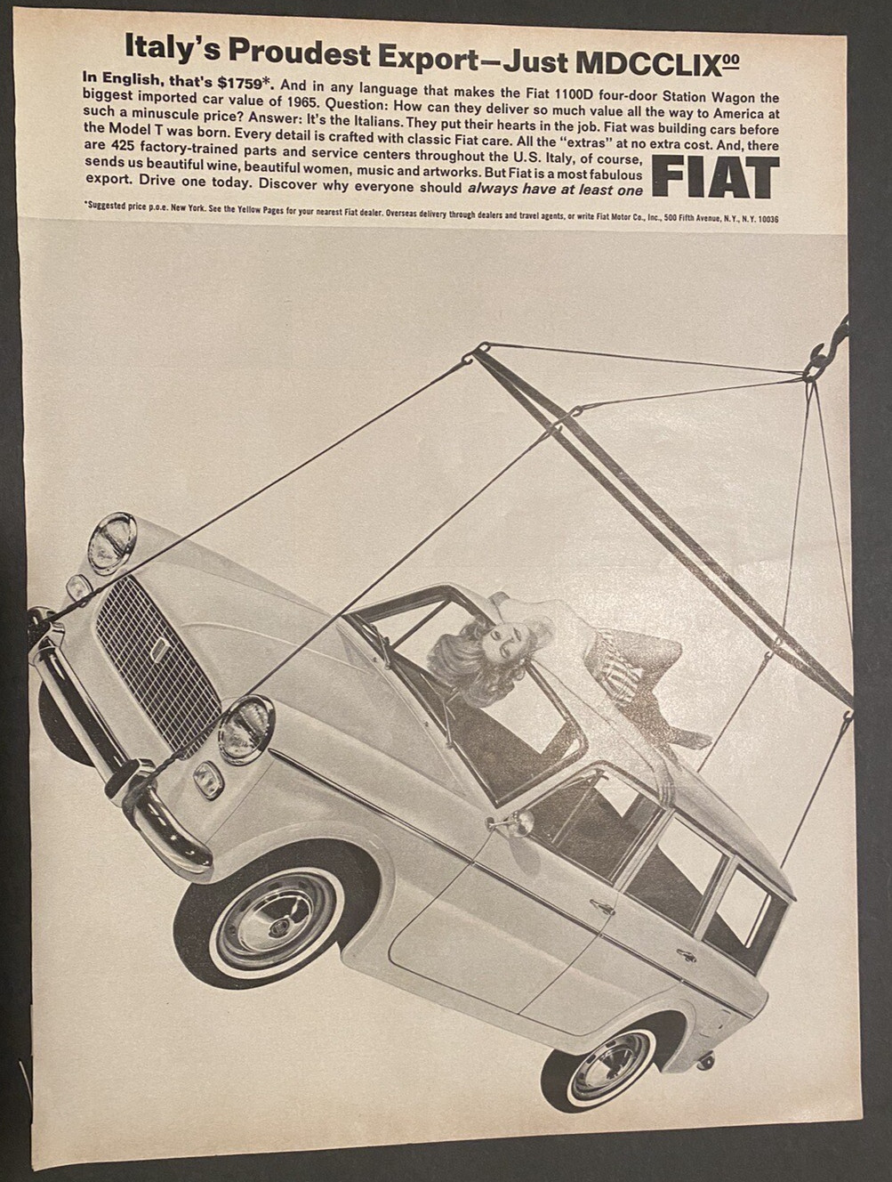 Fiat 1100 D 4-door Station Wagon 1965 Vintage Ad Italy\'s Proudest Export, B&W