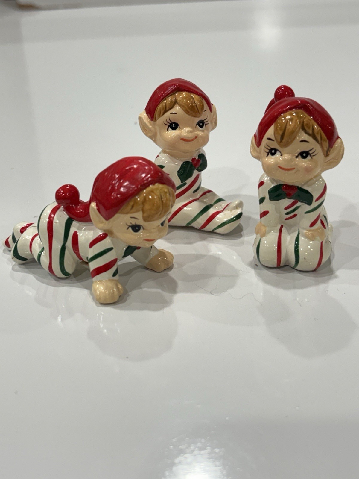 Vtg Lefton Candy Stripe Elves Complete Set Of 3 Pixie Figurines Korea Htf Crawl