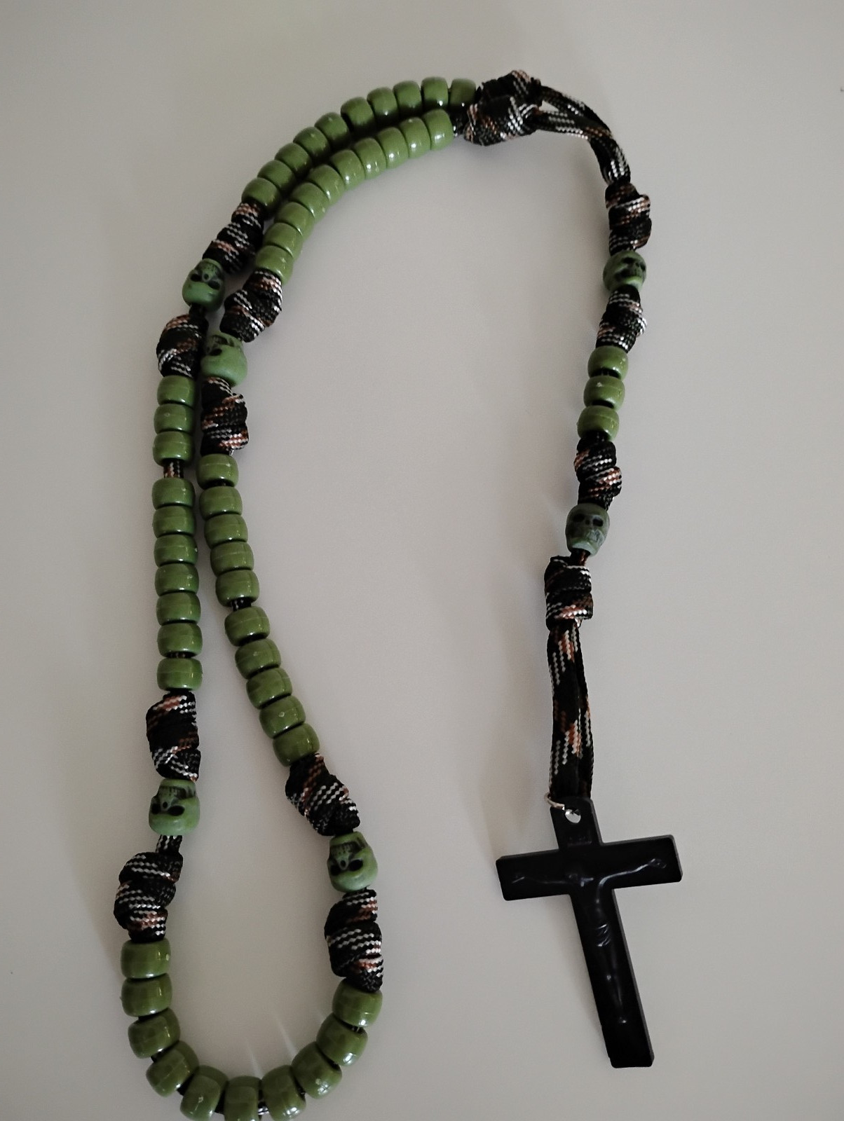 Army Green Beads on Camo Paracord Rosary with Green Skull Paters Military Hunter