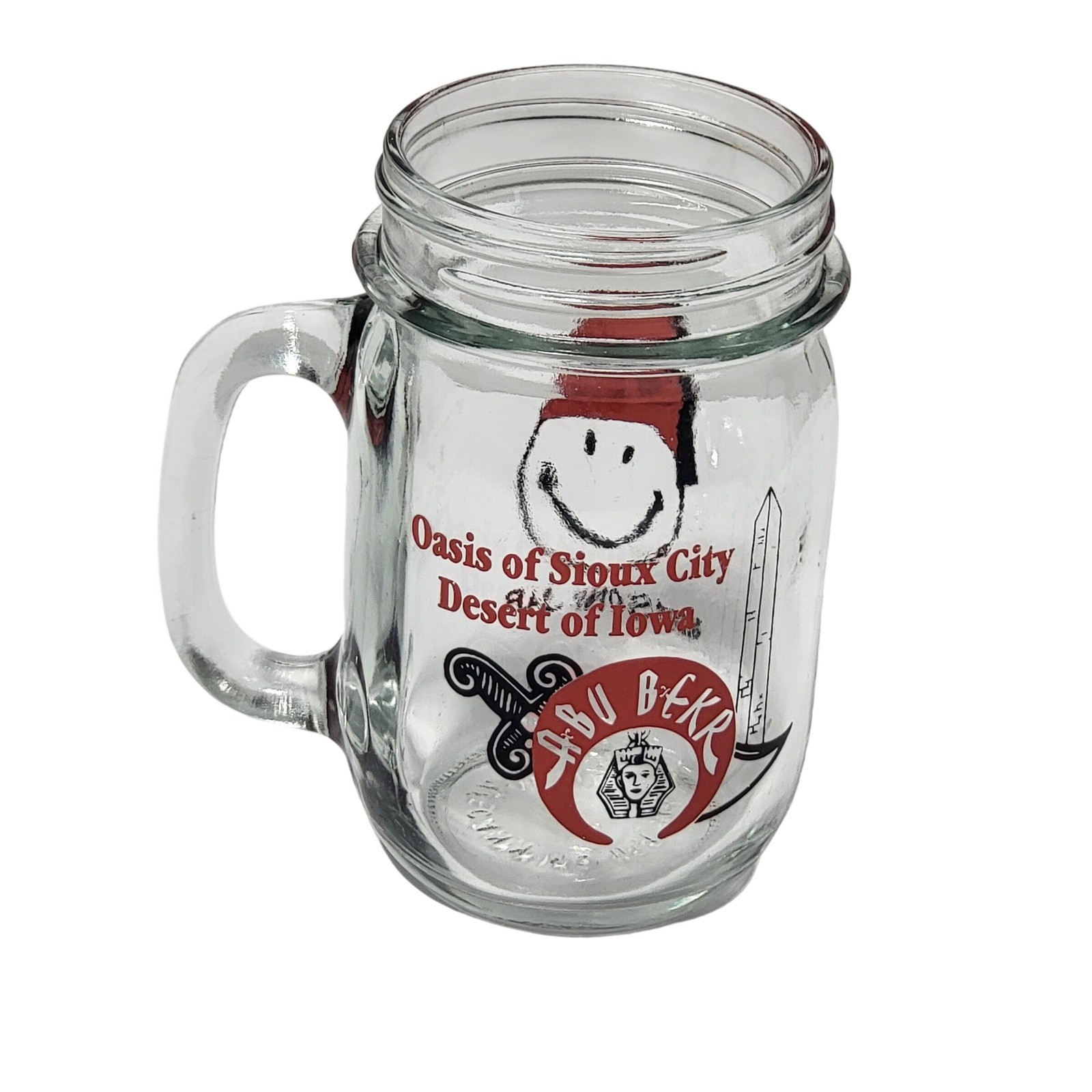Vintage Abu Bekr Shriners Sioux City Iowa Mason Jar Mug Smiley Face Fez Glass