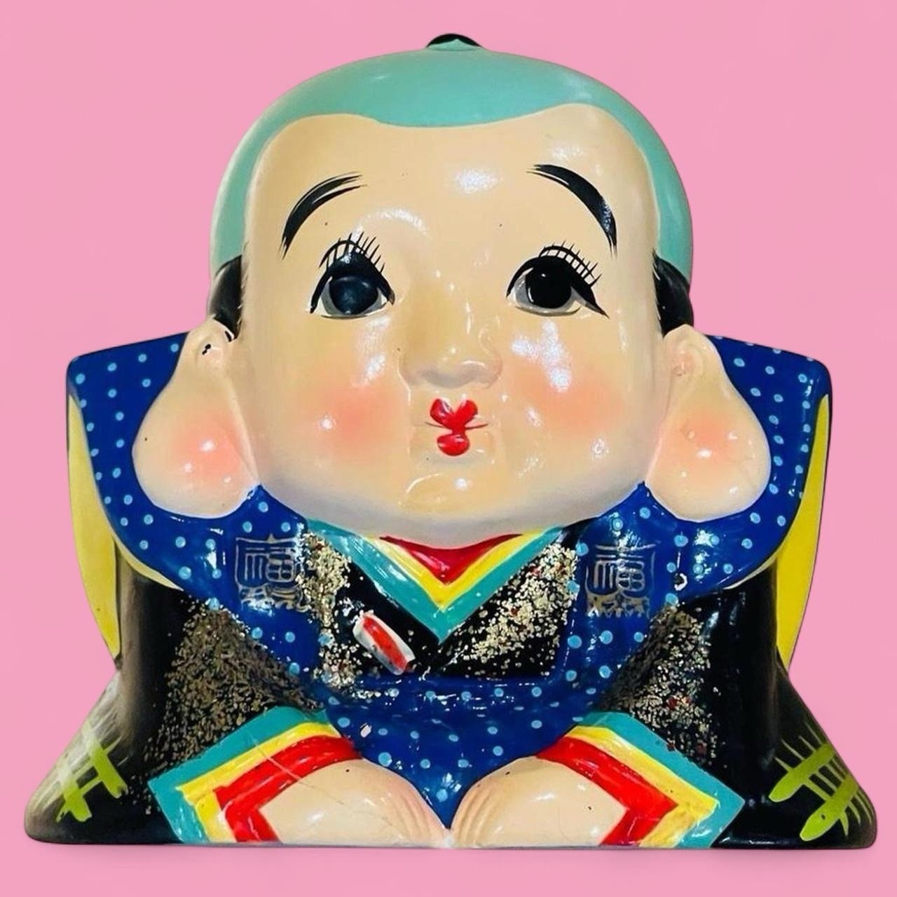 Vintage Japanese Fukusuke Lucky Doll Ceramic Figurine Bank Folk Art Japan