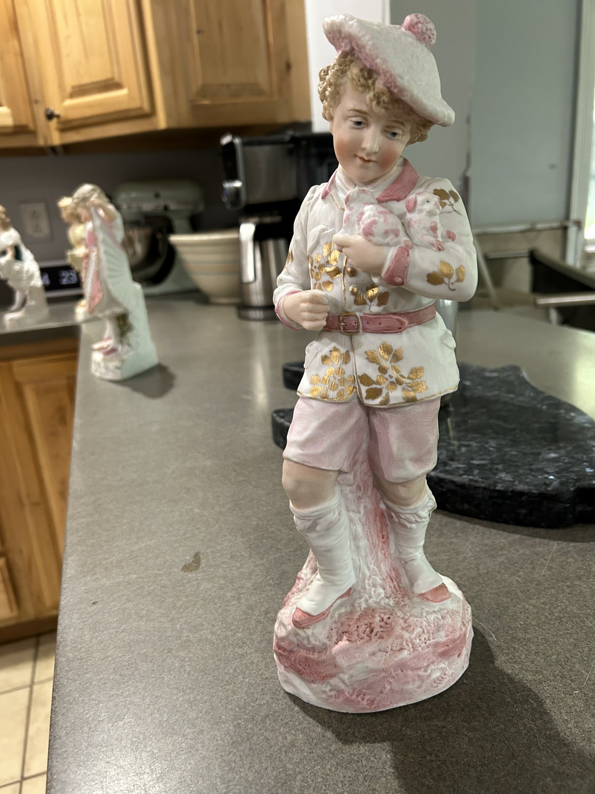RARE Antique German Bisque Figurine Youth In Pink Suit & Hat Gilded Accents