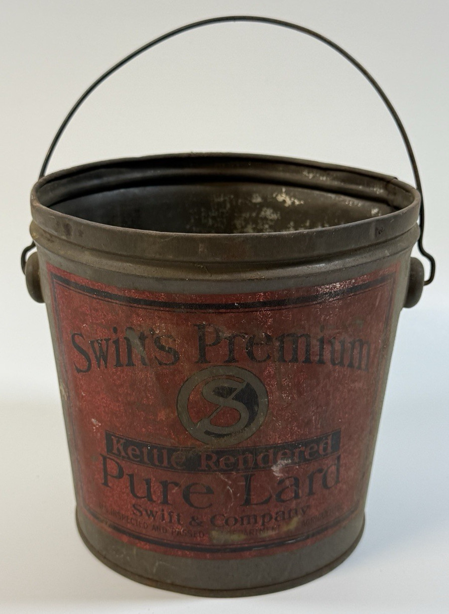 Antique Swift’s Premium Kettle Rendered Pure Lard Tin Pail Advertising c1900s