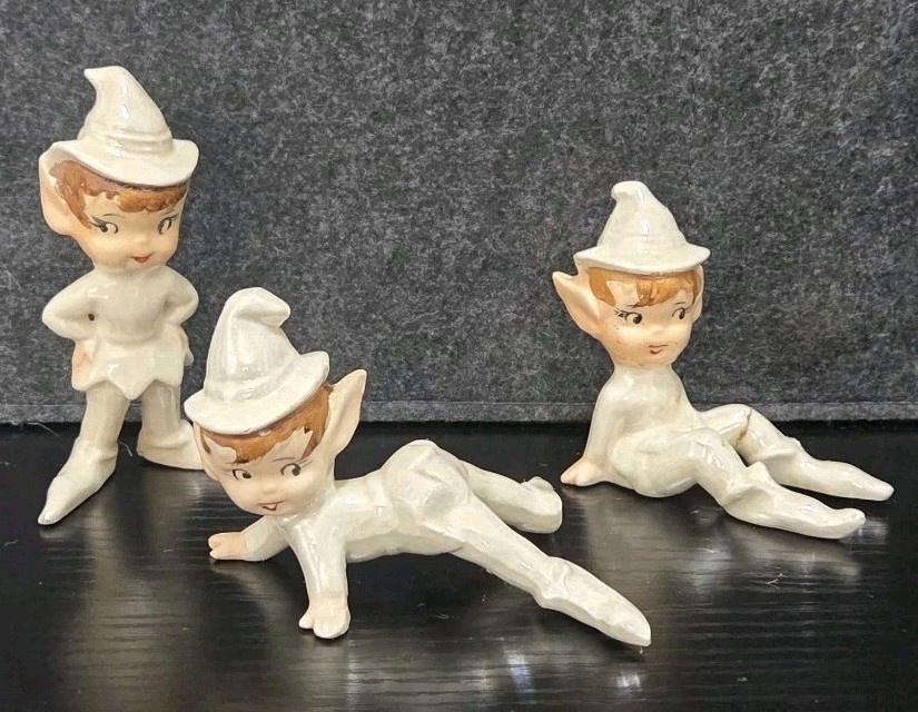 Vtg Set of LEFTON? Iridescent White Pixie Elf Whimsical Figures Japan Christmas