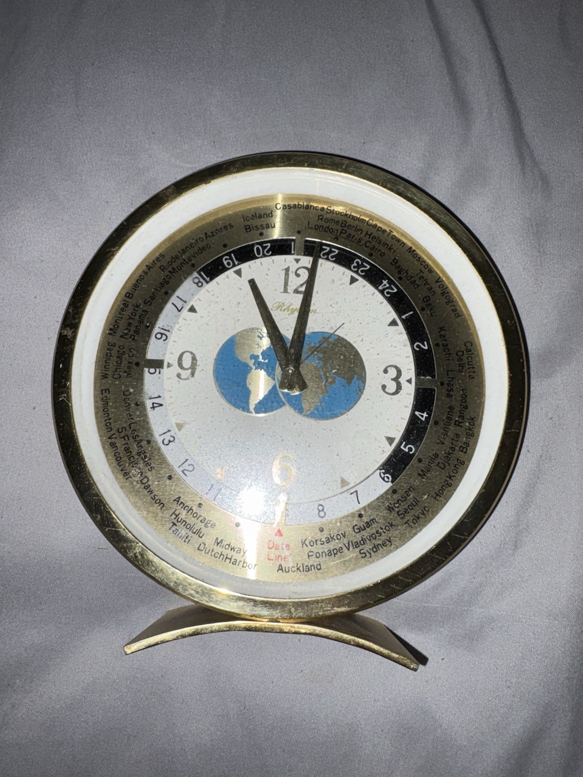 Vintage Relide World Time Alarm Clock Brass With Globe Motif