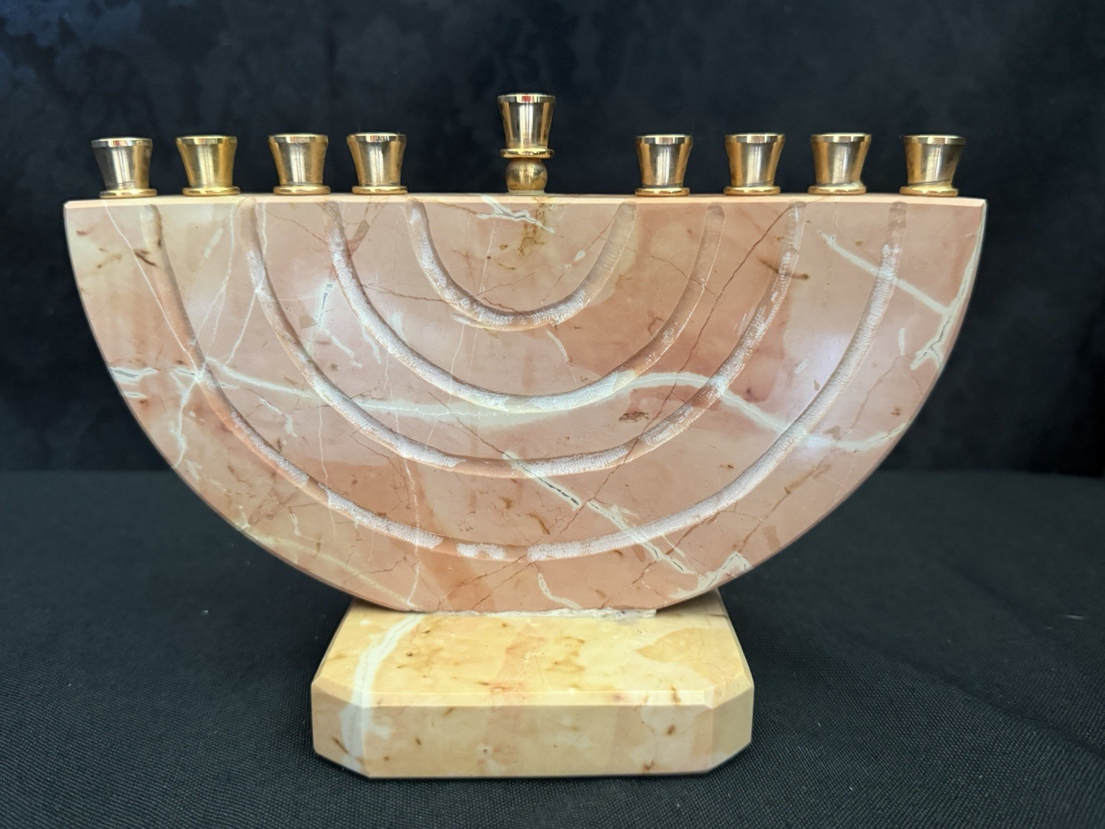 Vintage Pink Marble Hanukkah Menorah Brass Candle Holders Stone Judaica 8\
