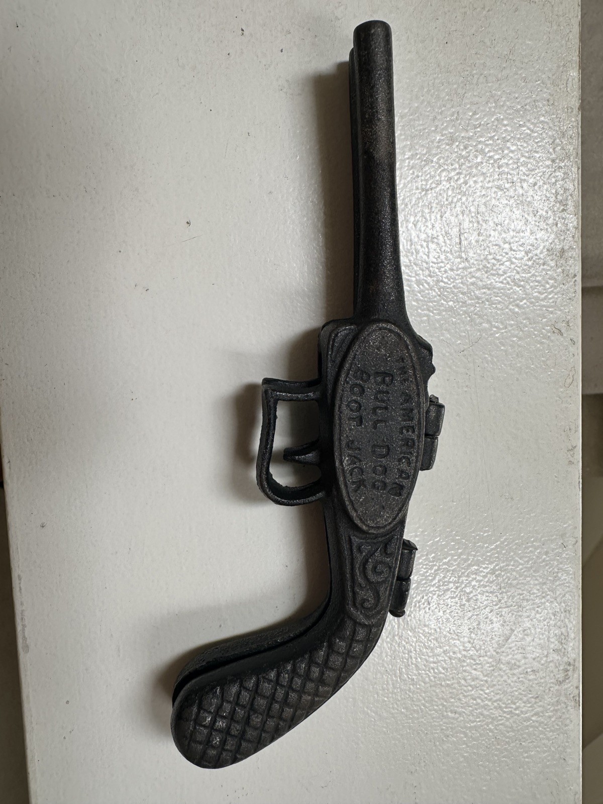 Antique Cast Iron Boot Jack American Bull Dog Gun Pistol Shaped Western Decor