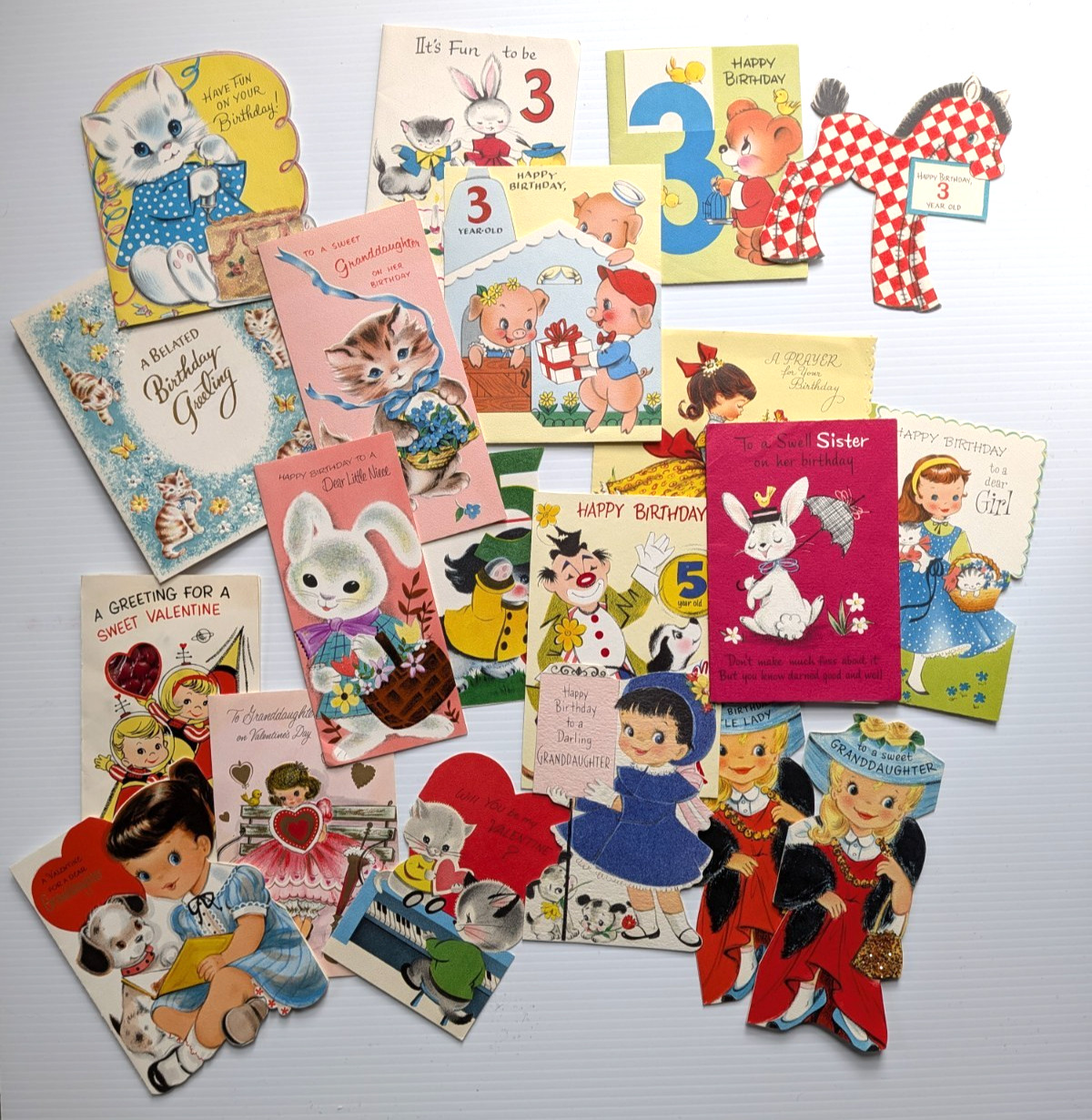Lot 20 Girl Child Kids Birthday Valentines Cards 1960s Flocked Glitter Norcross