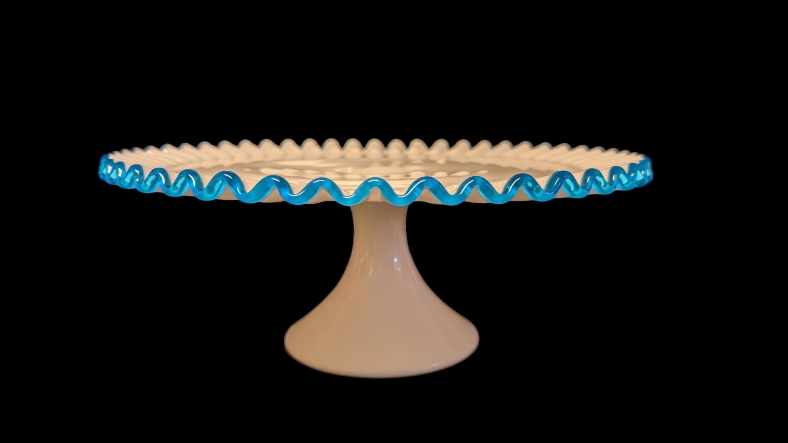 HTF - Fenton Dark Blue Crest Cake Stand - Milk Glass