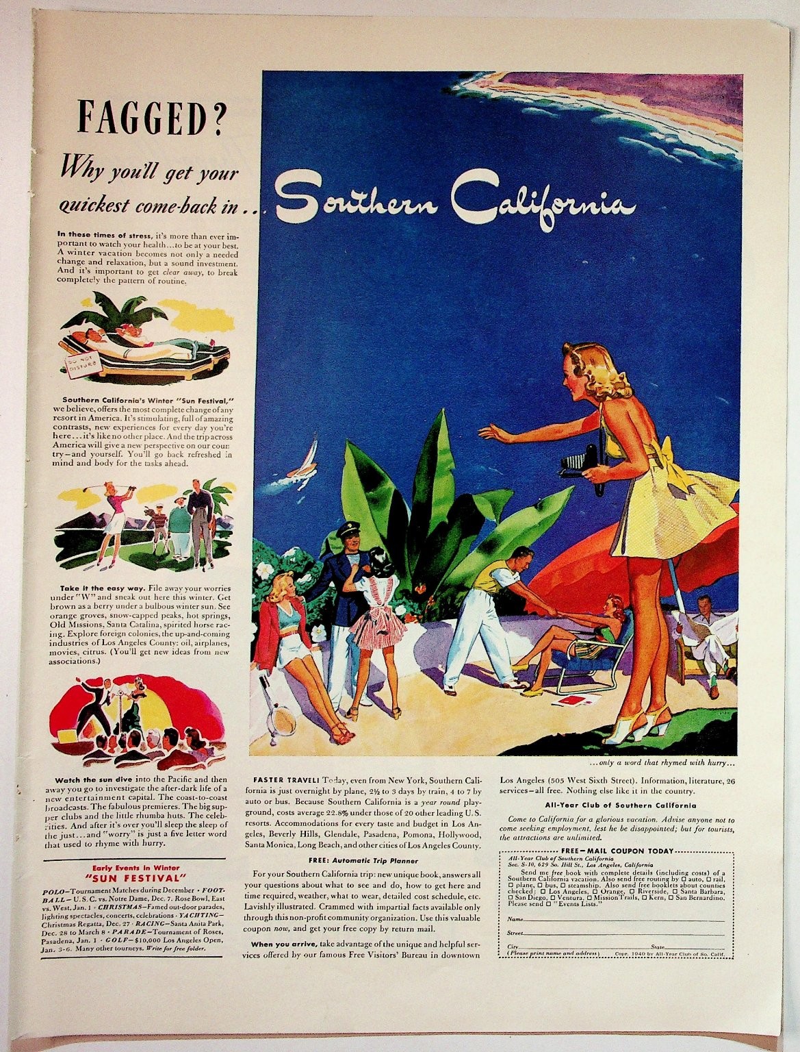 1940 Southern California Winter Sun Festival Vintage Travel Magazine Ad Print