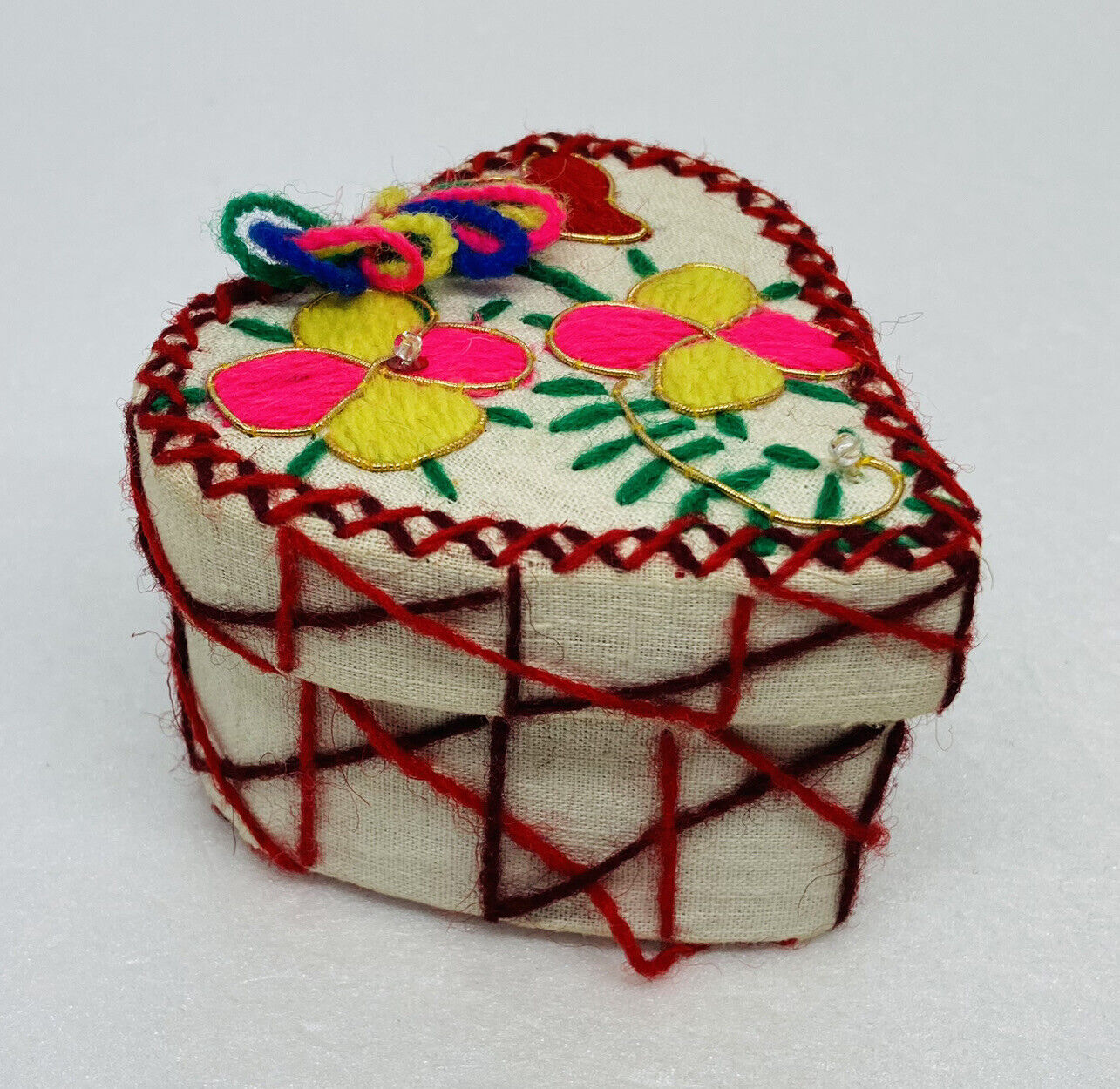 Vintage 1970s Hand Sewn Cloth Yarn Trinket Box Heart Floral Shaped Portugal 20