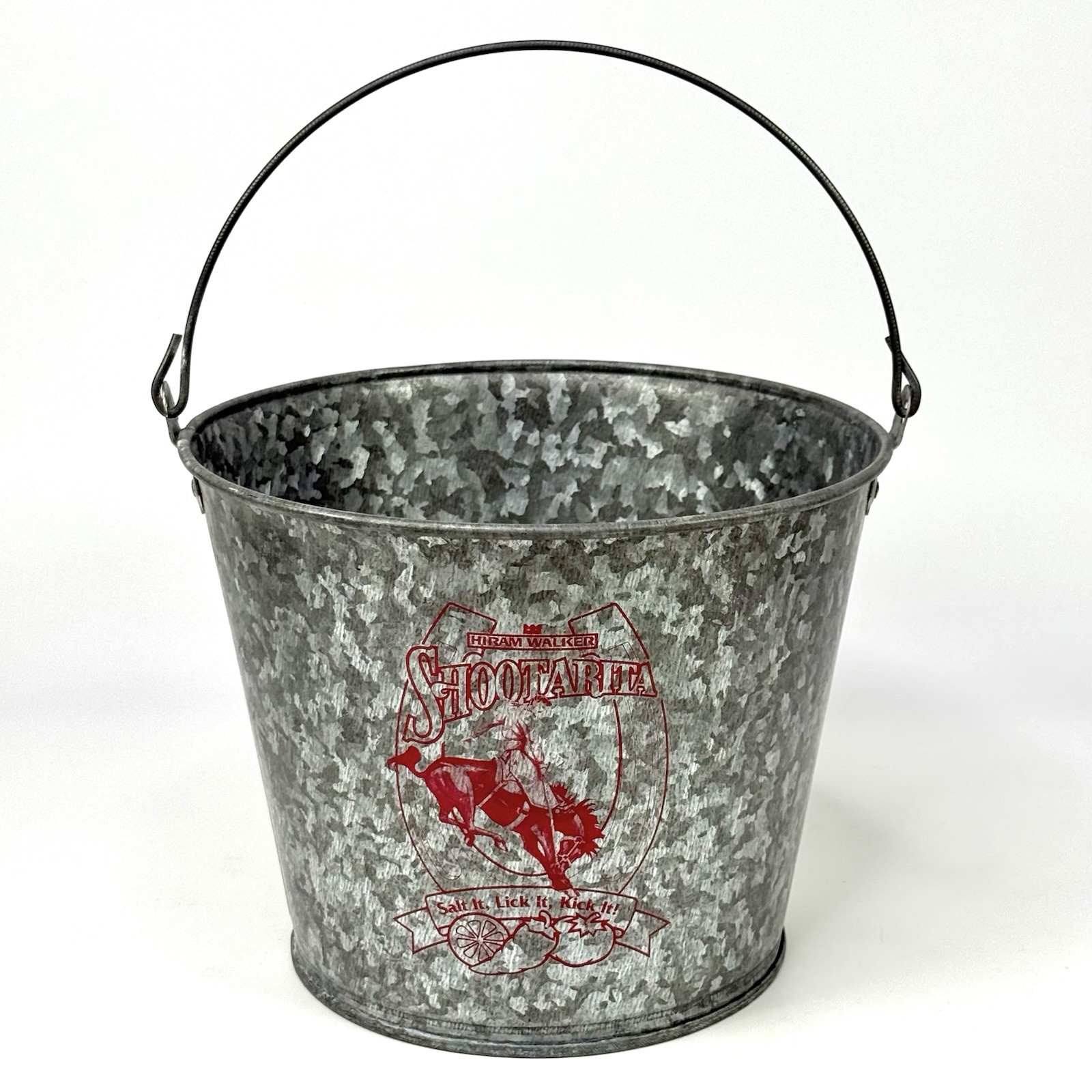 Vintage Hiram Walker Shootarita Galvanized Metal Ice Bucket w/ Handle 2-sided