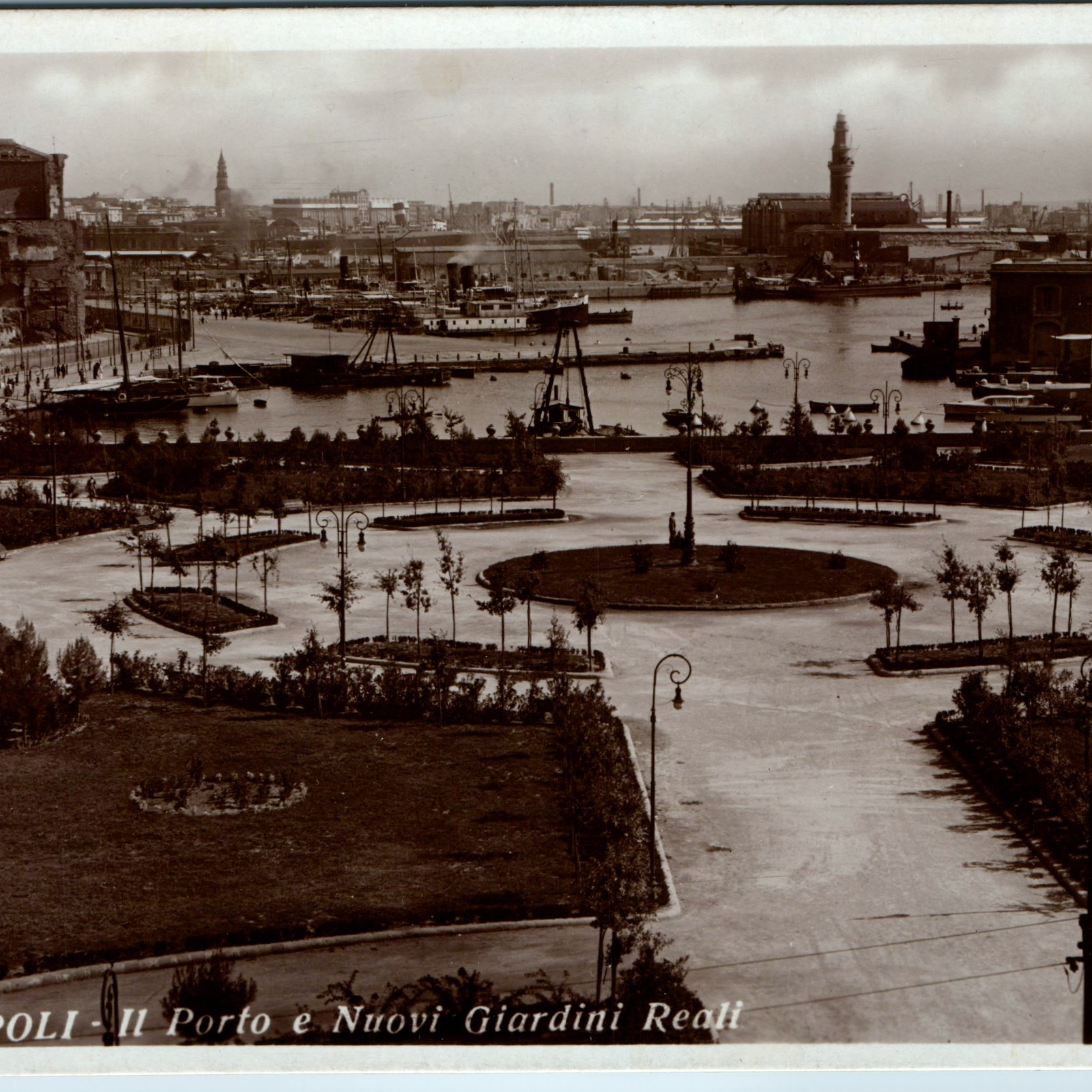 c1920s Napoli Italy RPPC Postcard Harbor Porto Nuovi Giardini Reali Ships View