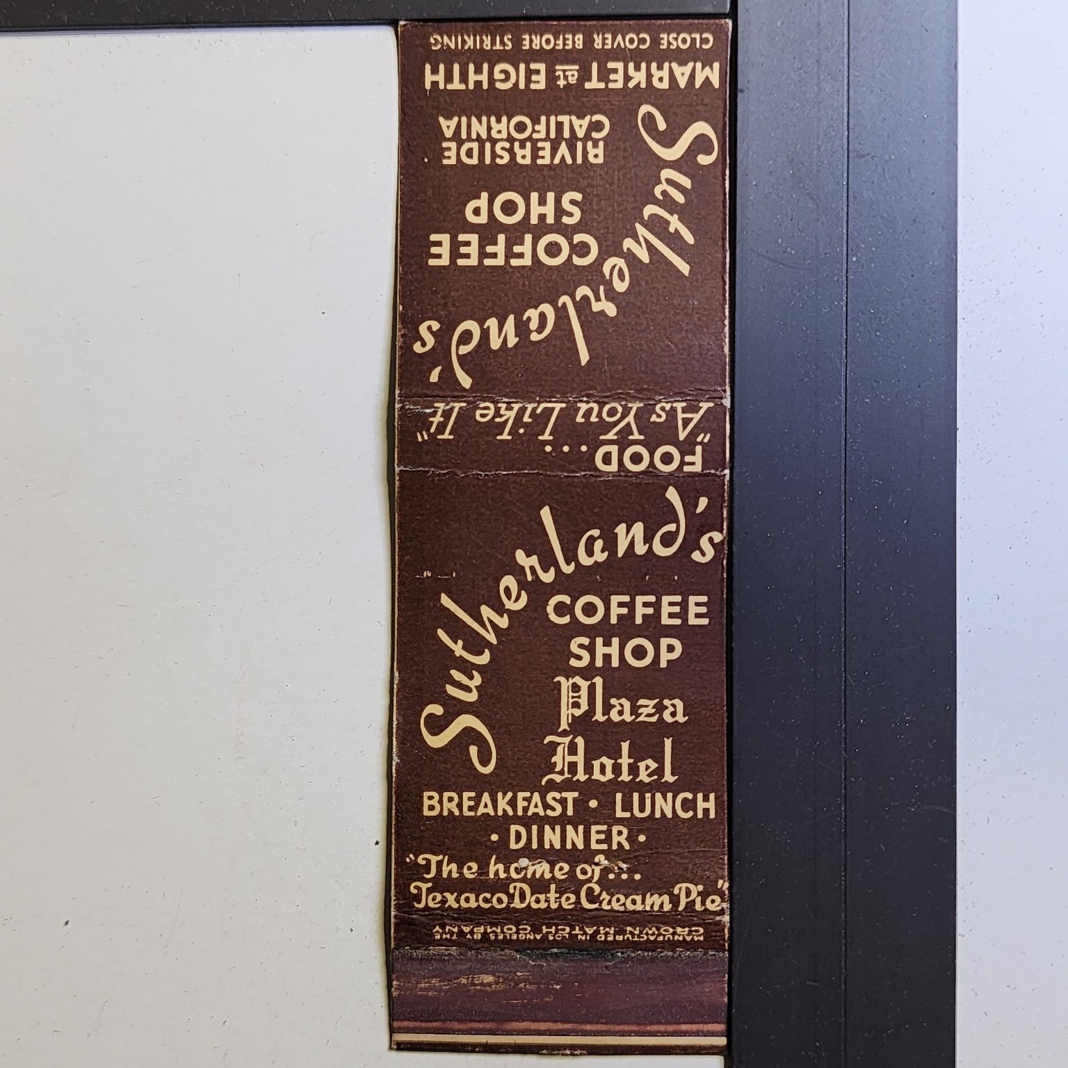 Sutherland\'s Coffee Shop Riverside California Vintage Texaco Date Pie Matchbook