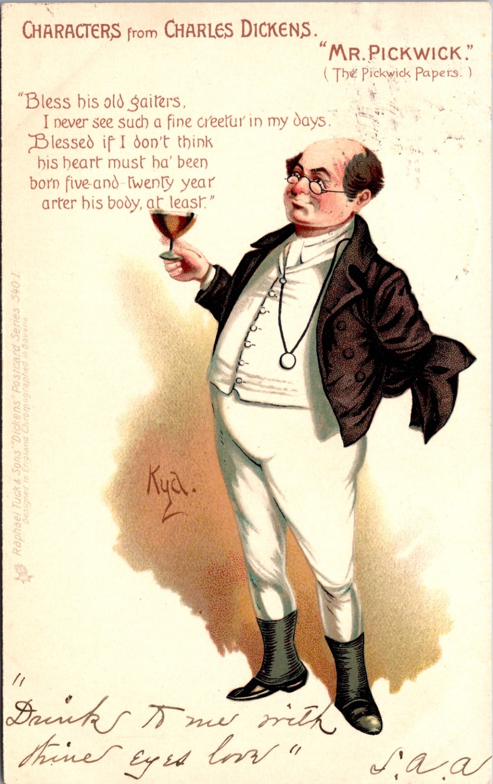 Charles Dickens Mr Pickwick Antique Postcard 1906 Wine Humor Literary
