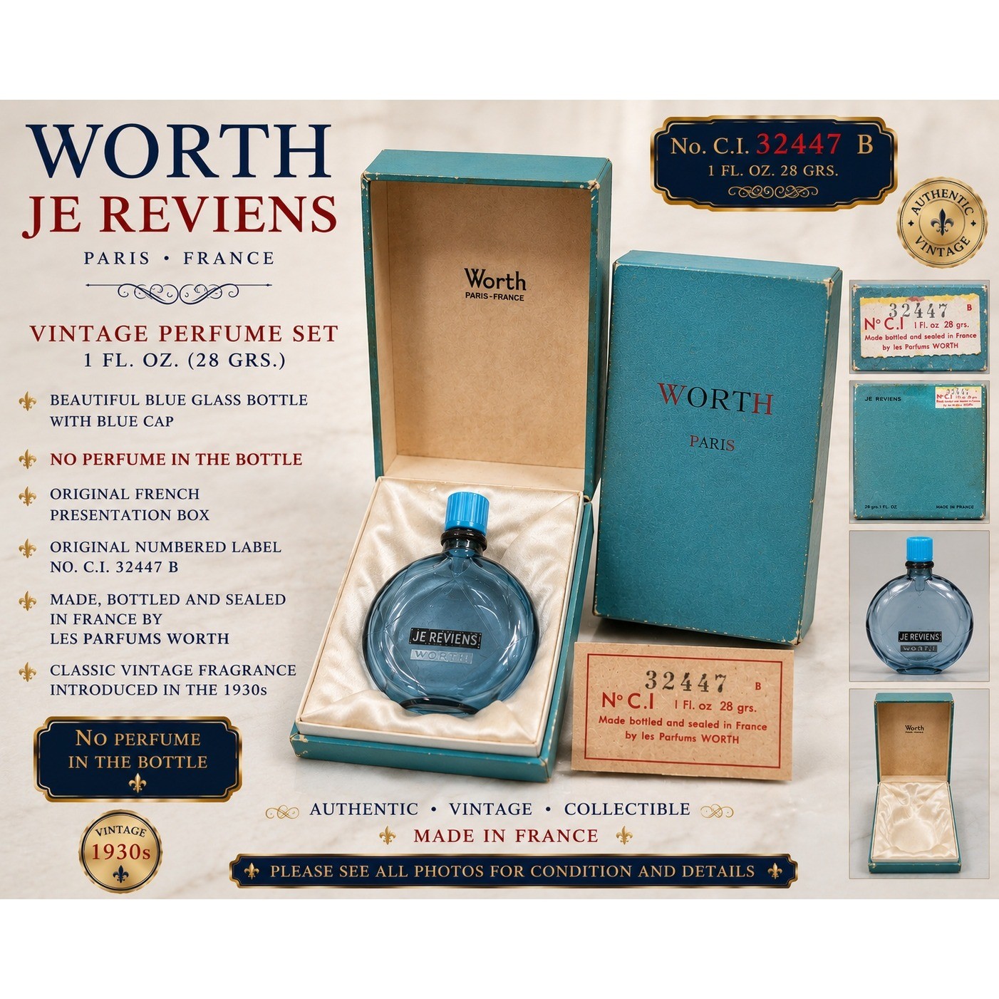 Vintage Worth Je Reviens Paris Perfume Bottle Empty Set Blue Glass Box 32447 B Vintage Worth Je Reviens Paris Perfume Bottle Empty Set Blue Glass Box 32447 B