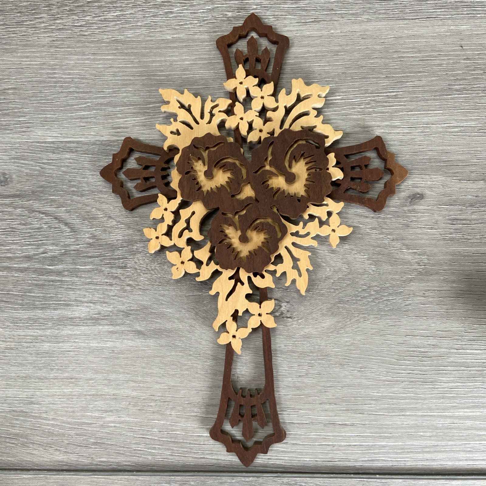 Handcrafted Wooden Cross 3 Layer With Pansies Scroll Work 9.5” Wall Table Decor