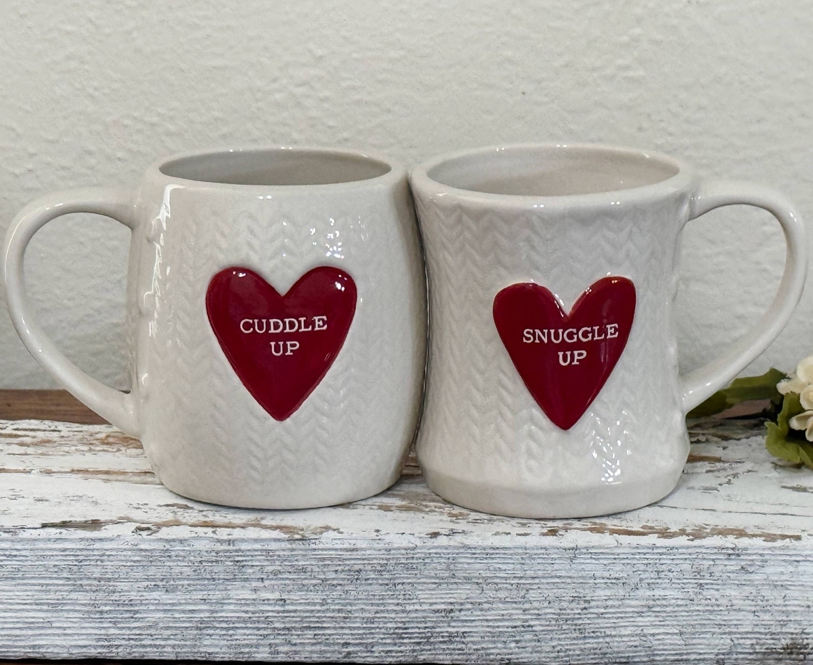Demdaco Sweater Mug Set, Cuddle Up Snuggle Up Knitted Textured Heart Coffee Cups