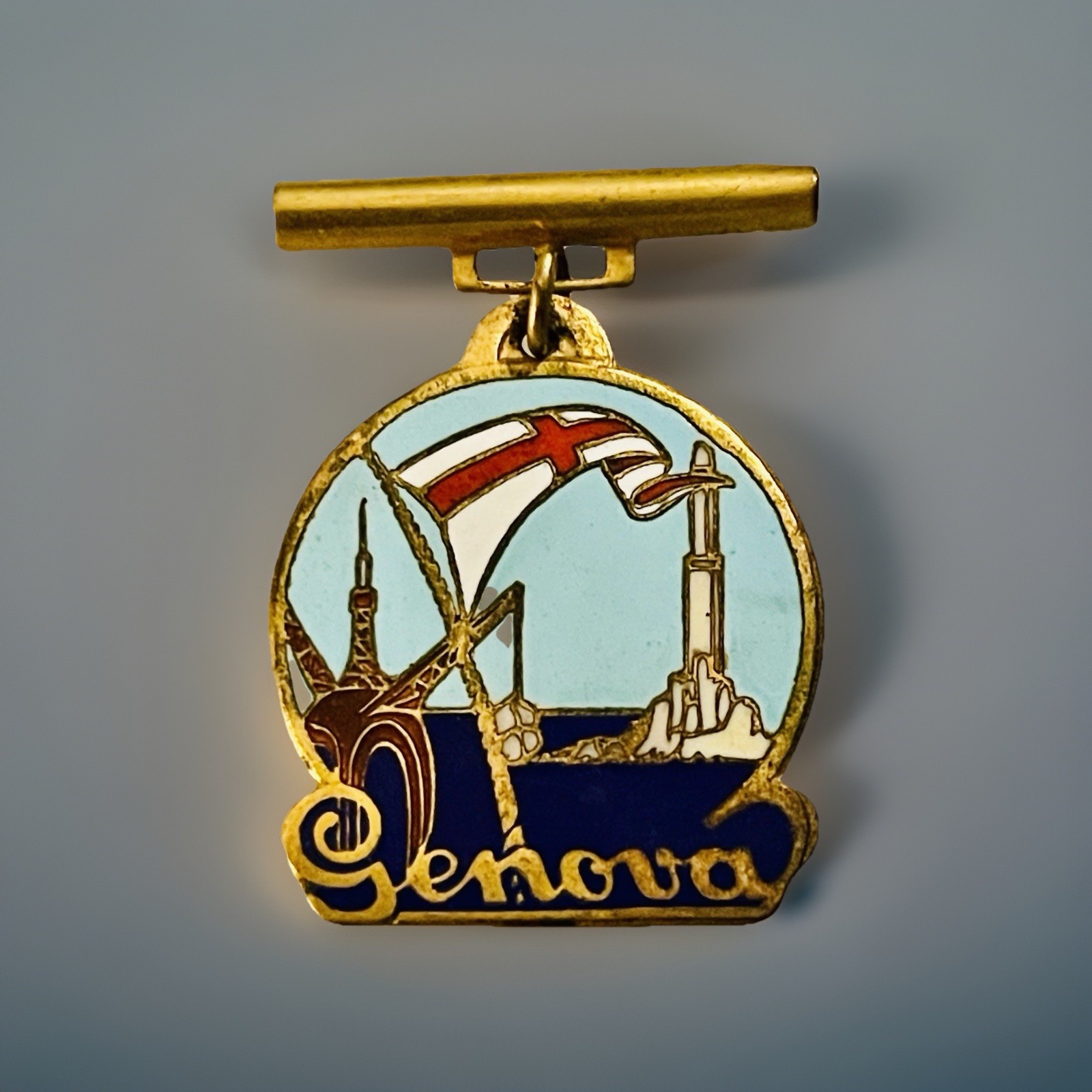 Vintage Genova Genoa Italy Travel Souvenir Pin Flag Lighthouse Sea Port