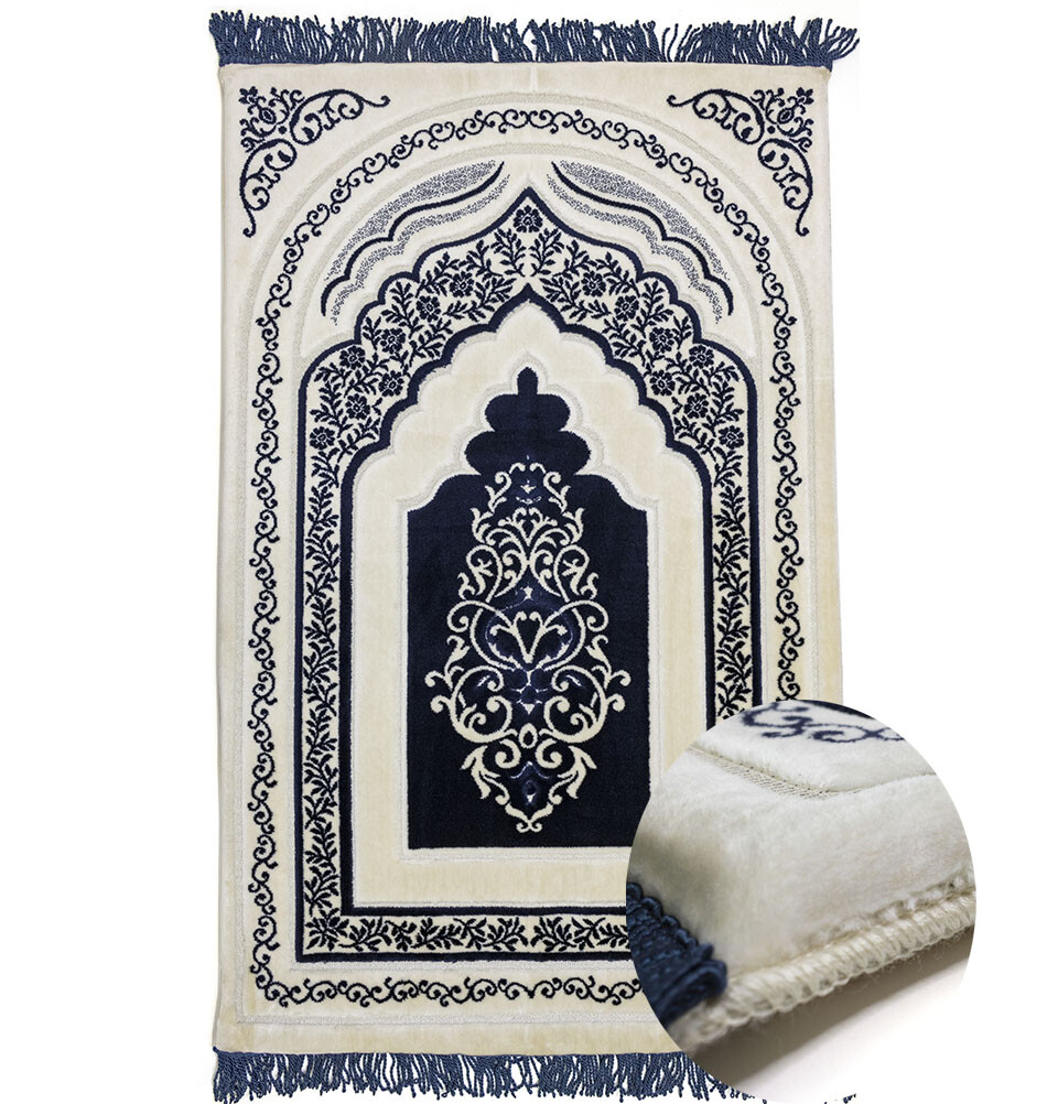 Modefa Turkish Velvet Prayer Rug - Luxury Orthopedic Padded Foam Cushion - Blue