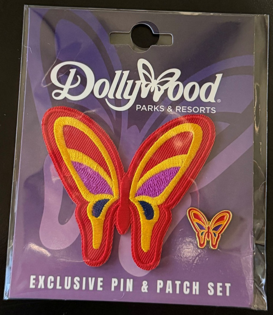 Dollywood Parks & Resorts Exclusive Red Yellow Purple Butterfly Pin & Patch Set
