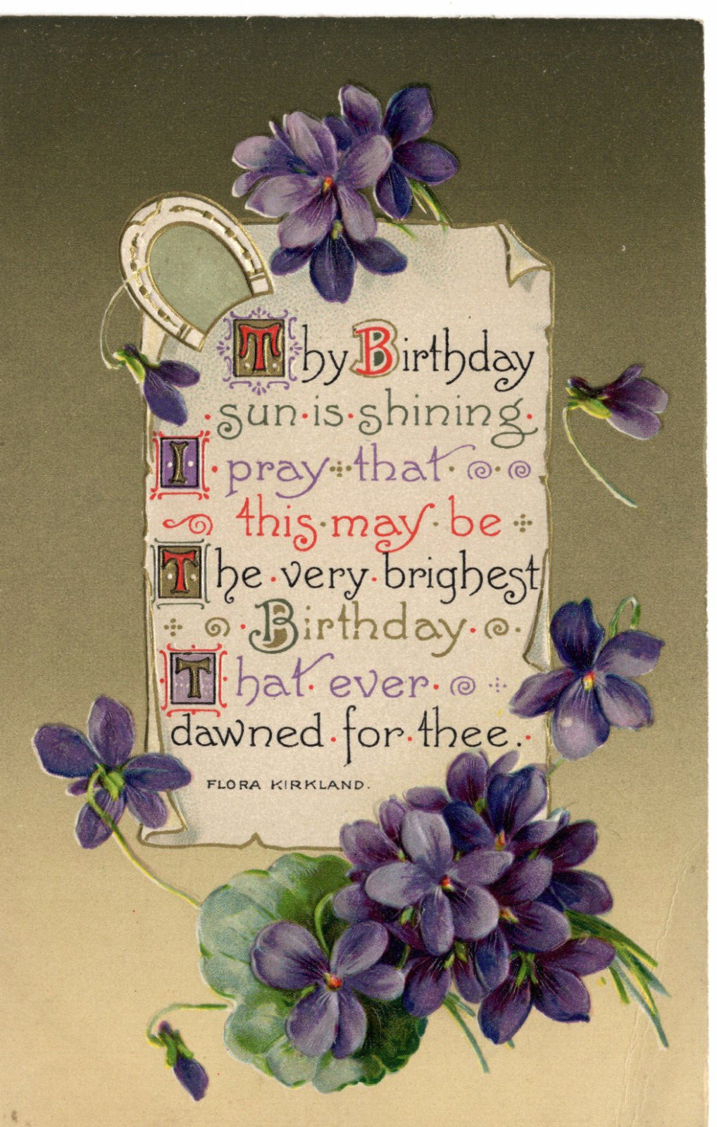 Postcard Birthday Greetings Embossed Purple Flowers Gold Background Poem -9590