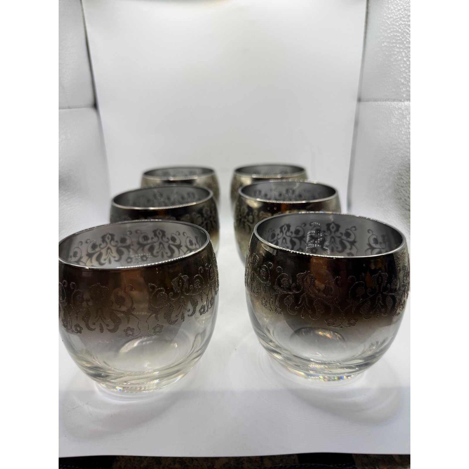 Vintage Silver Ombre Damask Filigree Lowball Whiskey Glasses Set of 6 MCM Style Vintage Silver Ombre Damask Filigree Lowball Whiskey Glasses Set of 6 MCM Style