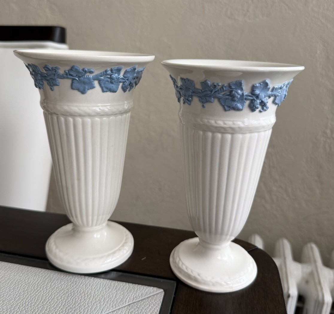 Wedgwood of Etruria & Barlaston Embossed Queens Ware White & Blue Vase  Lot Of 2