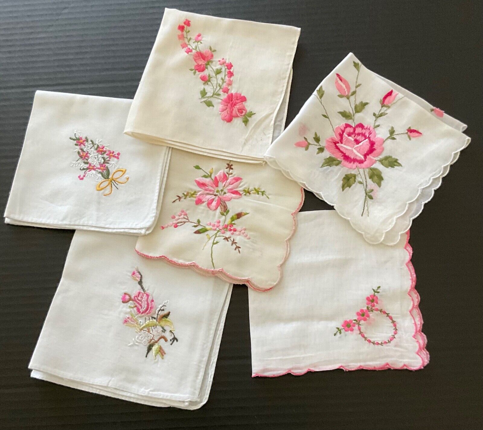Vintage Lot of 6 Pink Floral Corner Designs on White Handkerchief\'s. 11 X 11