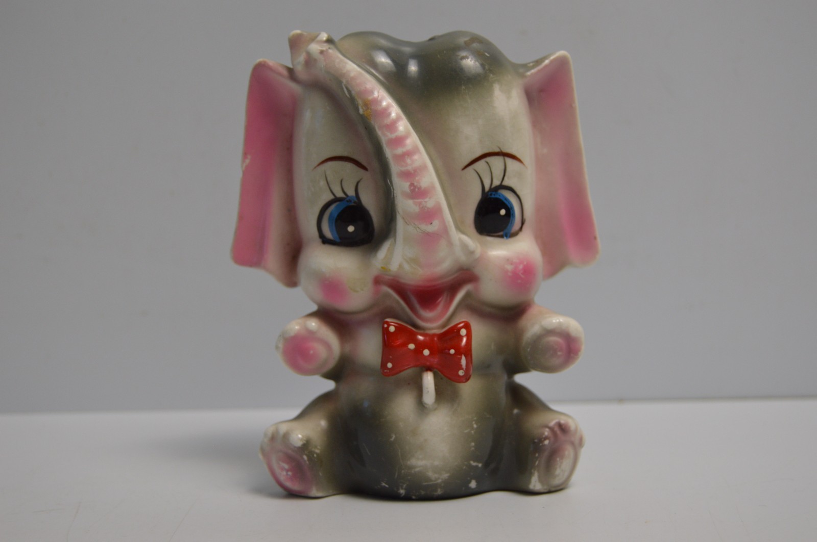 Vtg Arnart Polka Dot Bowtie Elephant Flat Back Pink & Gray MCM Anthropomorphic