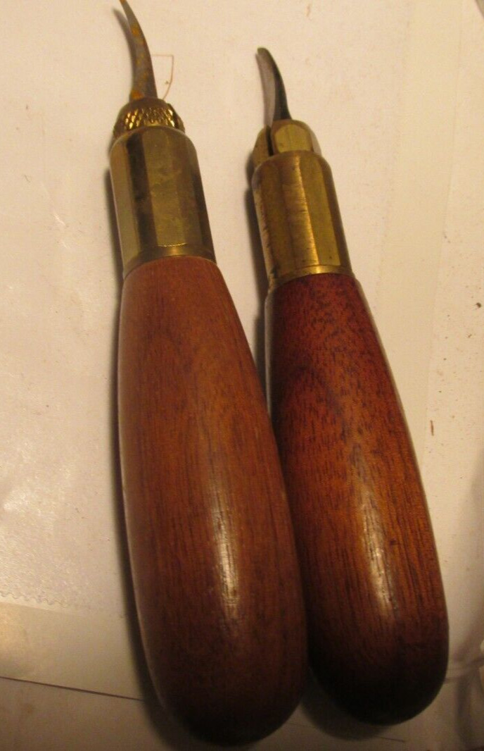 2-antique wood handled carving tools brass finals sharpe unbranded