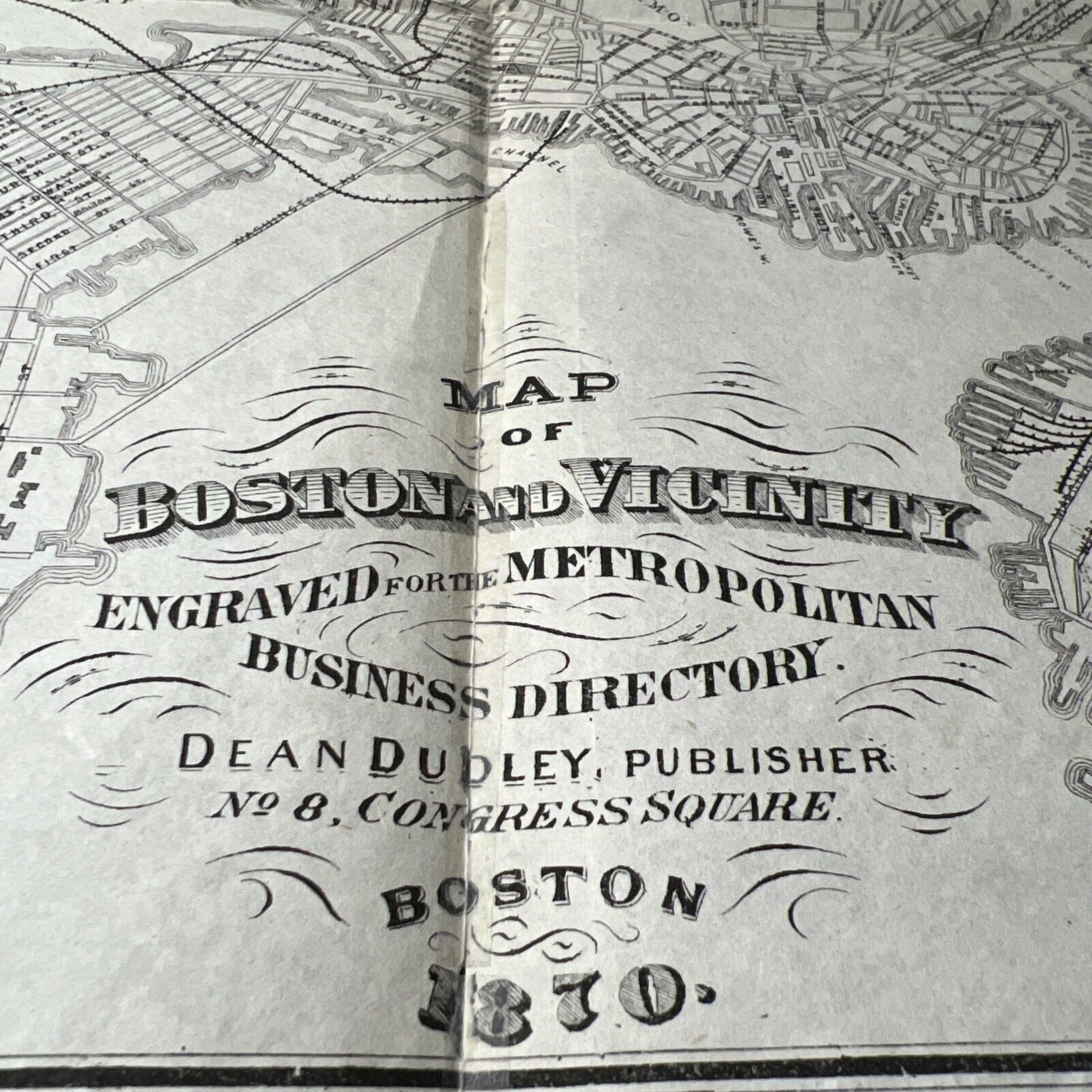 antique 1870 Map BOSTON and Vicinity Massachusetts w Great ADS on Back graphics
