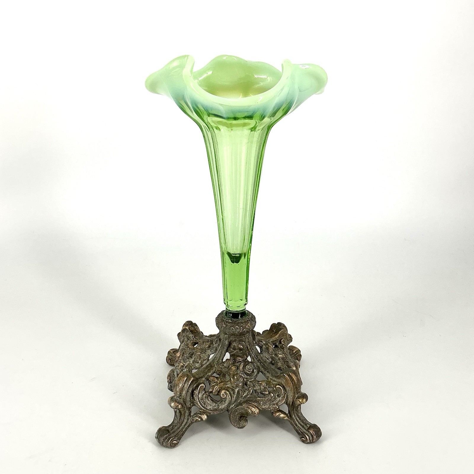 Victorian Glass Epergne Trumpet Vase Green Opaline Metal Base Antique