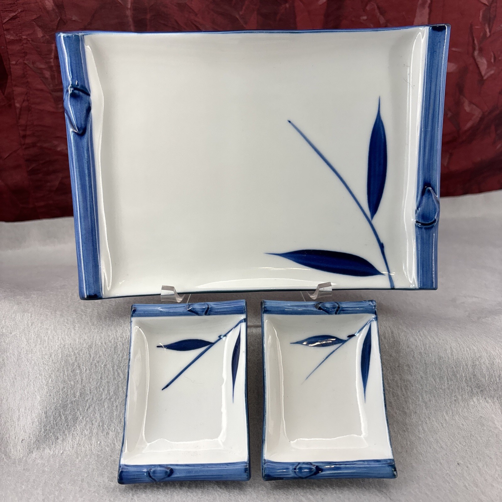 Vintage Blue & White BAMBOO Design Sashimi Plate & Sauce Dishes 1970s Japan 3pc