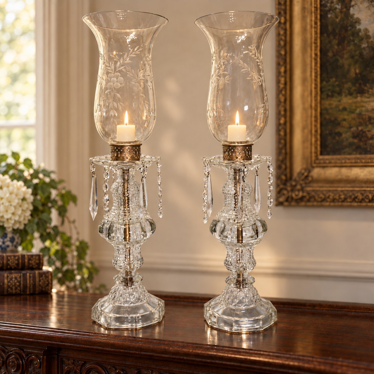 Pair 60\'s Vtg Glass Hurricane Candle Lamps Etched Grapevine Prisms 19\