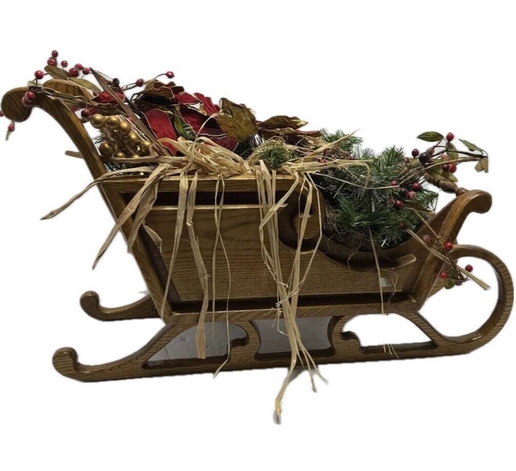 Vintage Wooden Sleigh Floral Pine Cones Poinsettia 24 Inches Long