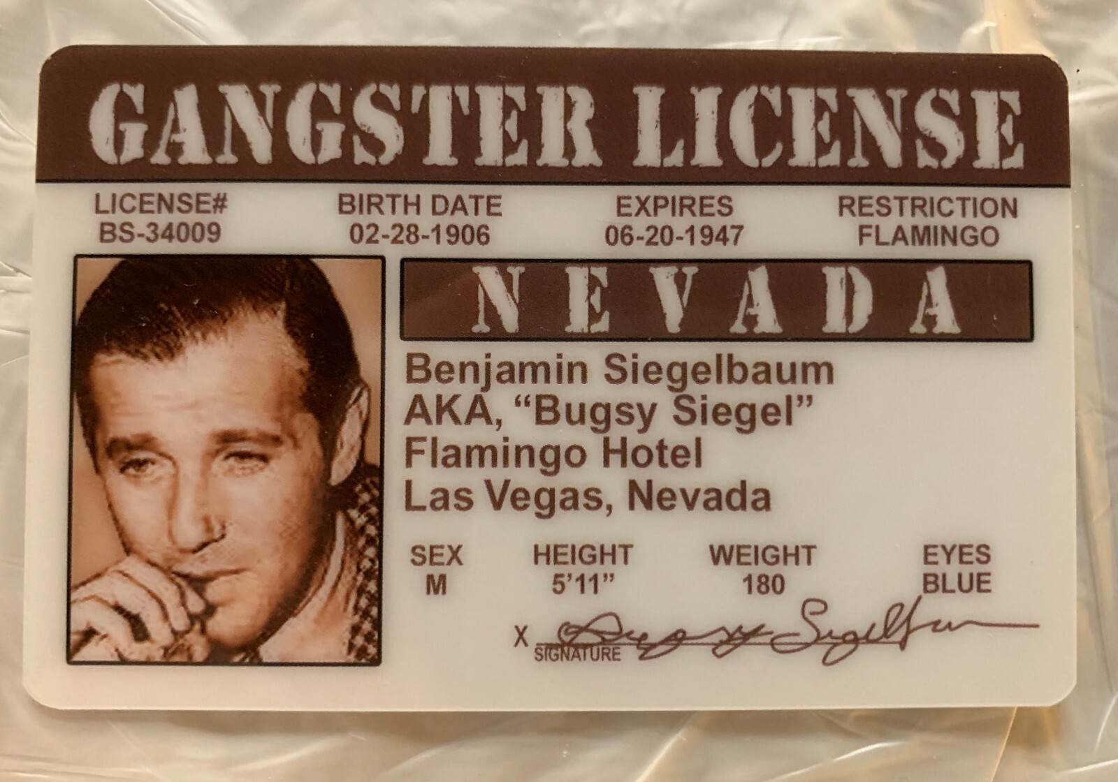 Bugsy Siegel Gangster novelty ID Card Godfather Capone Cosa Nostra Mafia Mob