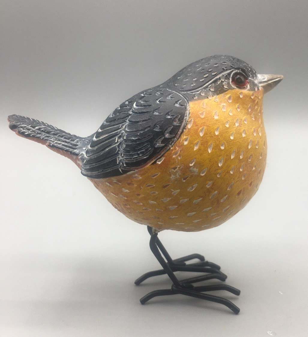 Decorative Plump Robin Bird Figurine Painted 4'' Orange & Black Small