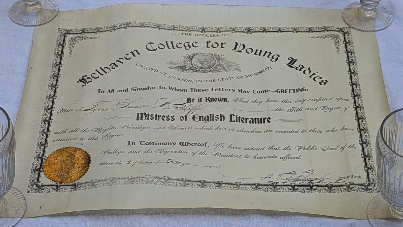 RARE 1904 BELHAVEN COLLEGE FOR YOUNG LADIES JACKSON MISSISSIPPI DIPLOMA FITZHUGH