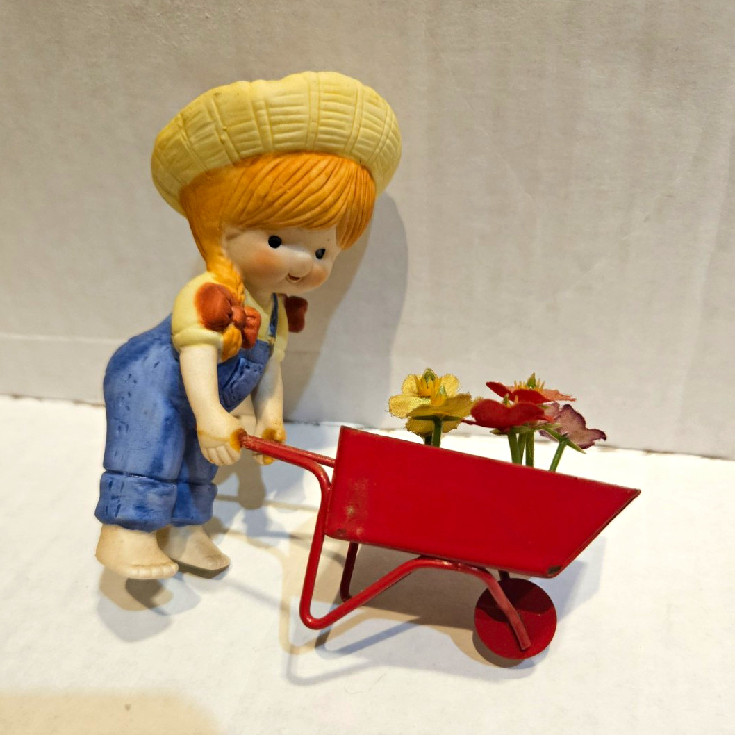 Enesco Precious Moments Porcelain Girl Red Wheelbarrow Flowers, Gerber 1970s