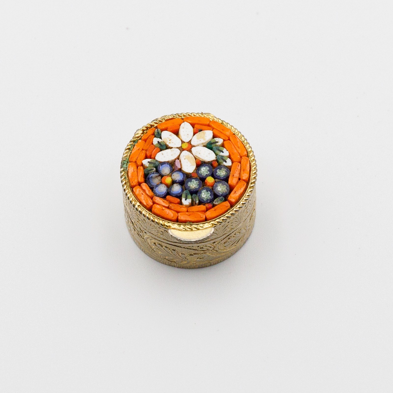 Vintage Italian Style Micro Mosaic Pill Trinke Box Round Floral Gold Tone 1\