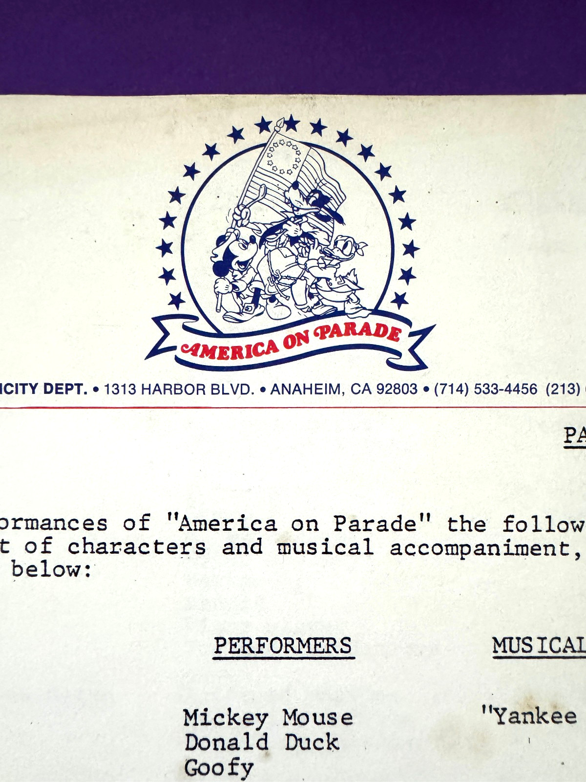 Vintage 1975 Disneyland America on Parade Internal Publicity Lineup Document