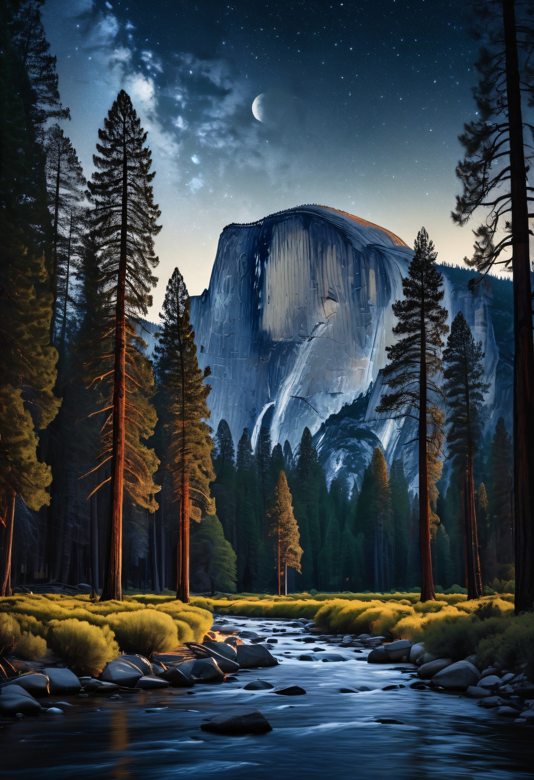 Yosemite Valley by Moonlight - Vintage National Park Print