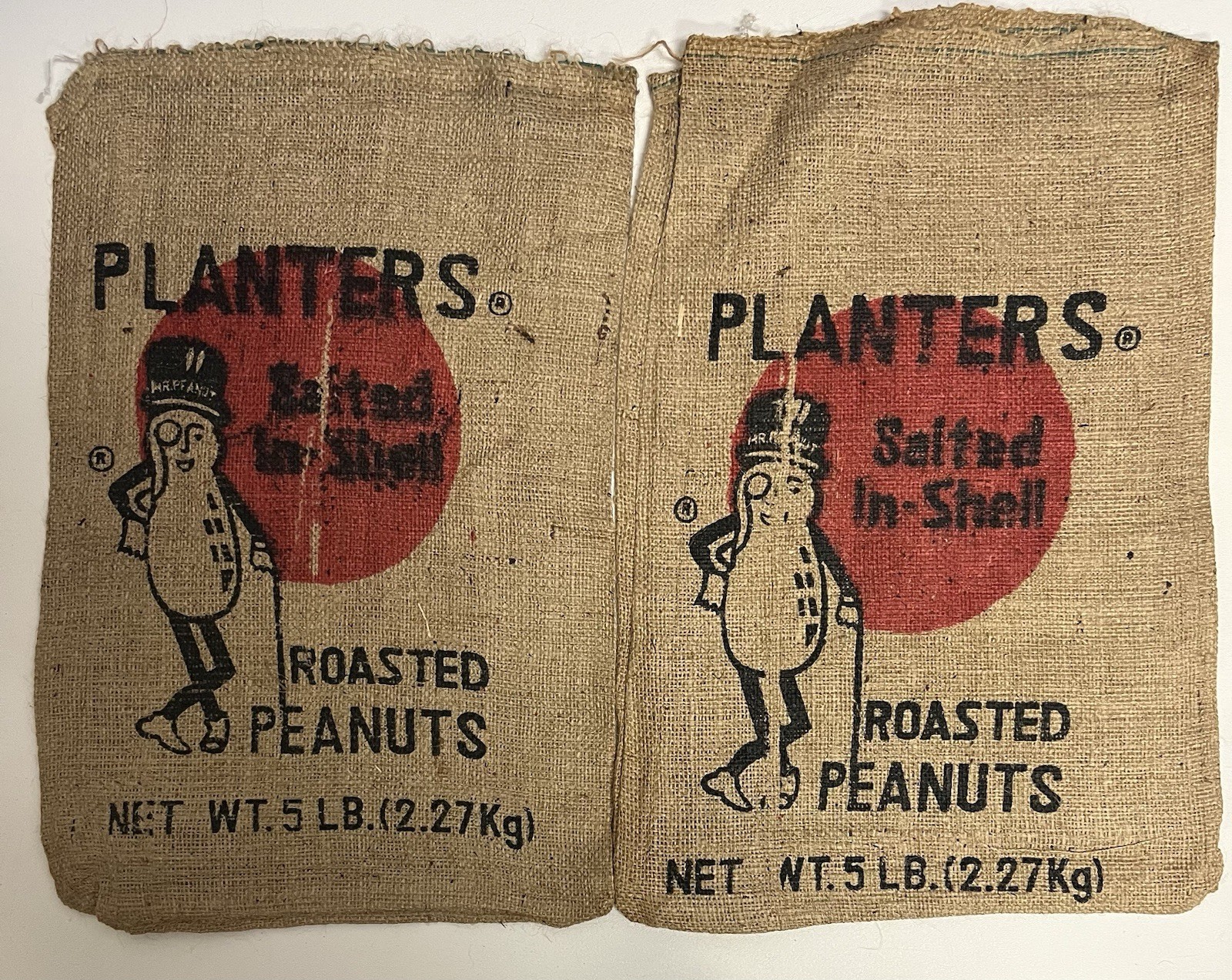 2x Vtg Planters Roasted Peanut Mr Peanuts Burlap Bag 5LB Sack 17x12 Graphic Flaw