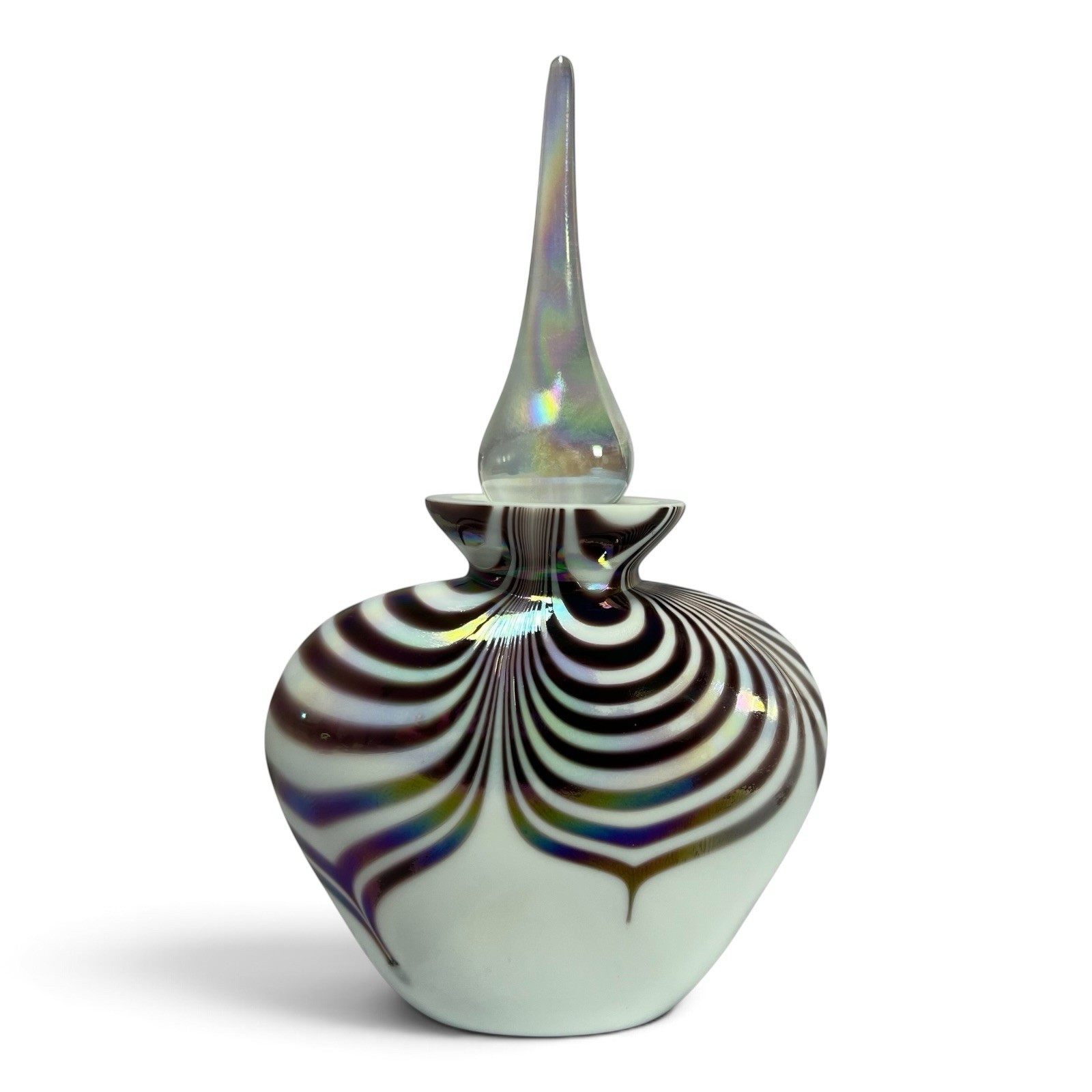 Vintage Iridescent Art Glass Pulled Feather Loop Perfume Bottle Black/White