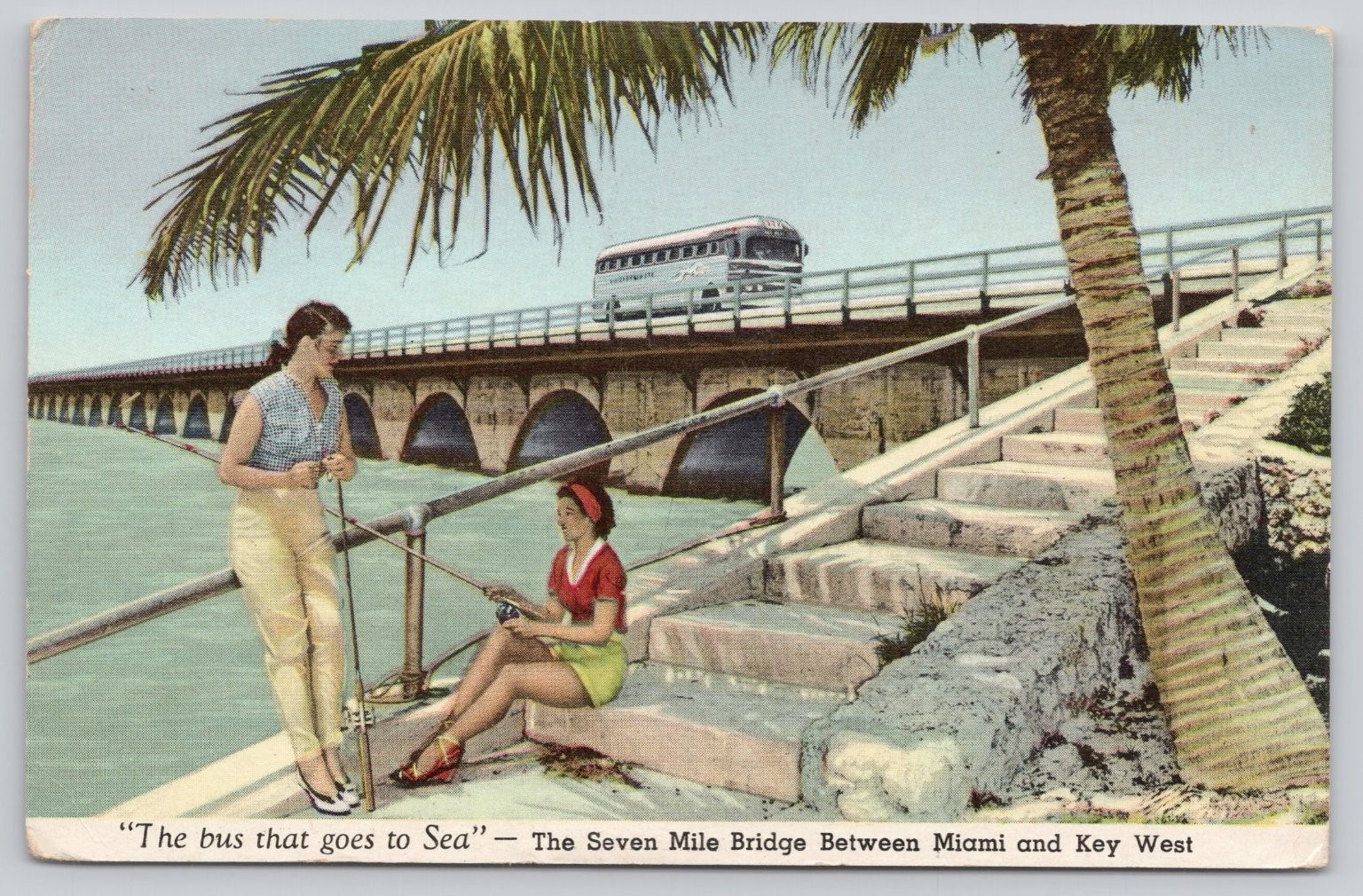 Vintage Florida Keys Seven Mile Bridge Bus to Sea Fishing Linen Postcard 1950s