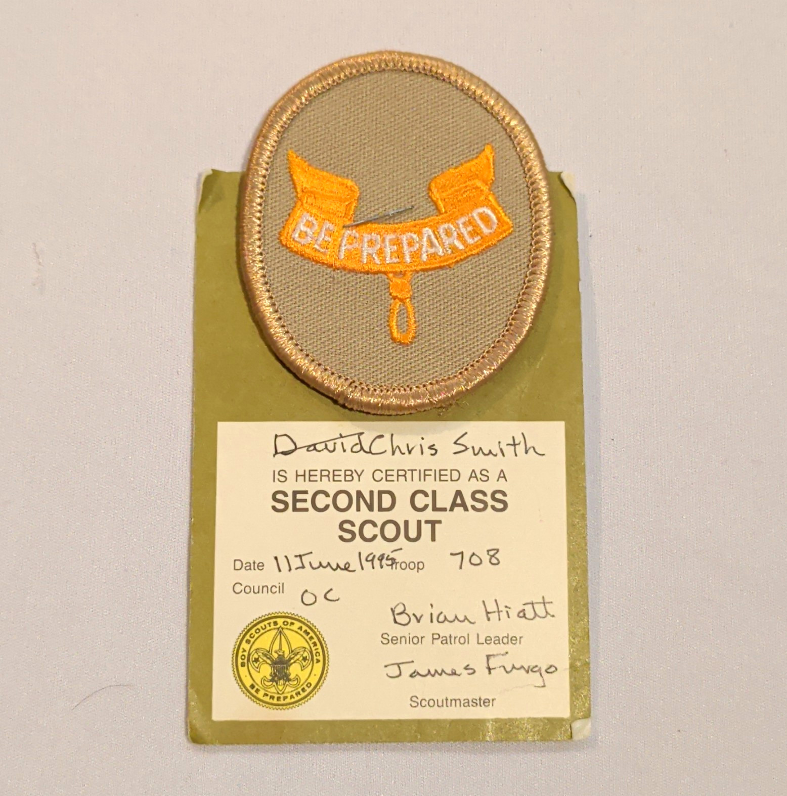 Boy Scouts Second Class Scout Patch w/ 1988 Certification Card Signed